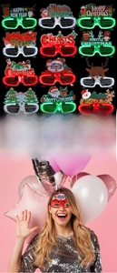 Close-up of LED Christmas party glasses with festive patterns and 3 adjustable light modes