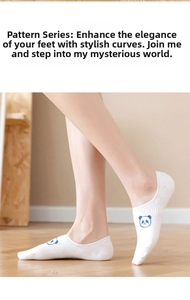 Detail of white invisible low-cut sock with cartoon panda motif on woman foot