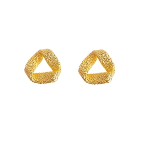 Matte gold triangular geometric earrings with twisted texture and sandblasted finish
