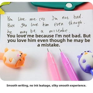 Macro shot of cute cartoon hamster gel pen with a fine needle tip writing on paper