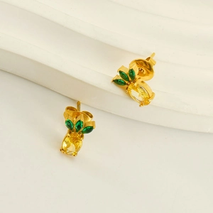 Minimalist 18k gold plated stainless steel pineapple stud earrings with cubic zirconia