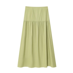 Women's light green high waist maxi skirt with ruffled hem and textured cotton linen fabric