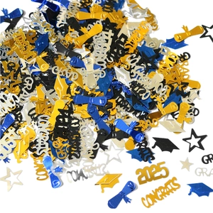 Blue and gold 2025 graduation confetti with congrats text, grad caps and star shapes