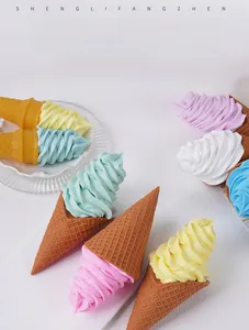 Macro shot of assorted colorful artificial ice cream cones with detailed swirl texture