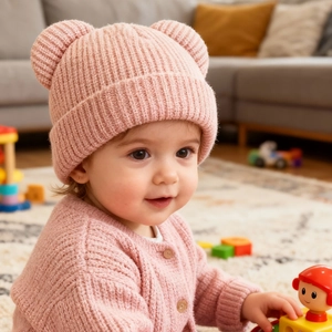 Detail of pink knitted baby winter hat featuring cute bear ears in a warm home setting
