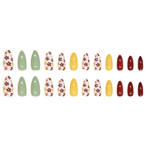 24pcs almond press-on nails with floral patterns, avocado green and bright yellow glossy finish