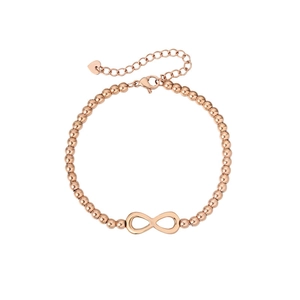 Detail of rose gold infinity bead bracelet with heart charm and lobster clasp closure