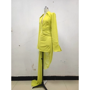 Neon yellow V-neck mini dress with ruched waist and long asymmetrical train detail