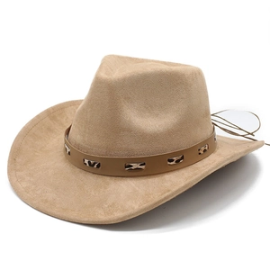 Khaki faux suede western cowboy hat with leopard print leather band on a white background