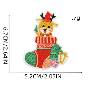 Detailed embroidery of reindeer and Christmas stocking patches with precise dimensions