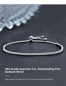 Macro view of adjustable S925 silver tennis bracelet with brilliant cut moissanite stones