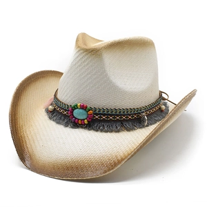 Handcrafted western cowboy hat in cream with turquoise stone and ethnic bead detailing