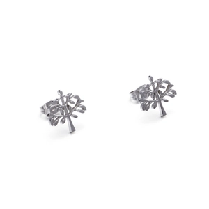 Silver tree of life stainless steel stud earrings in a symmetrical studio shot