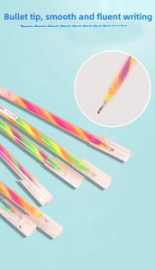 Macro view of bullet tip and rainbow gradient ink in transparent gel pens