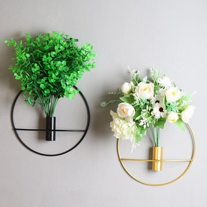 Minimalist iron diamond-shaped wall decor with round vases in black and gold finish