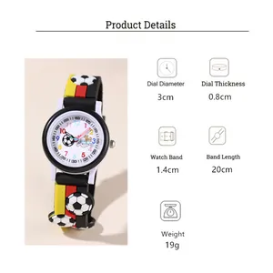 Size chart showing dial and band dimensions for the kids football quartz watch