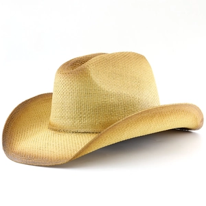 Detailed texture of western straw cowboy hat with vintage brown gradient rolled brim