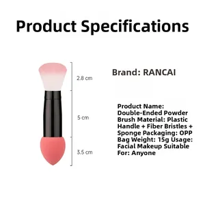 Dual-head makeup brush with soft fiber bristles and teardrop sponge puff, 11.3cm total length