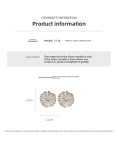 Detail view of silver floral earrings with pearl center and 3.1cm size measurement
