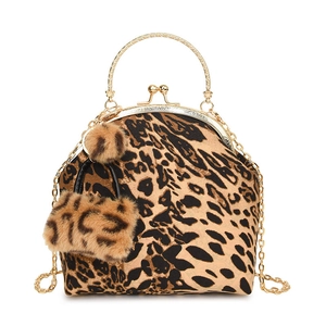 Chic leopard print shell bag with gold chain strap and decorative plush pompom charm