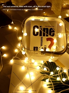 Close-up of warm yellow LED globe string lights decorating a cozy indoor scene