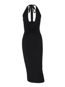 Sexy black halter neck deep V-neck backless midi dress with waist twist detail
