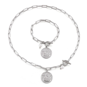 Silver paperclip chain necklace and bracelet set with angel coin pendant and pearl charm