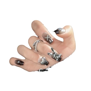 Gothic dark bunny press-on nails with 3D silver rabbit and star accents on gradient base