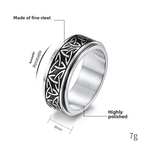Detail showing 8mm rotatable stainless steel ring with Celtic Triquetra knot design