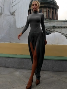 Slim-fit dark grey high-neck maxi dress with long sleeves and pleated high slit detail
