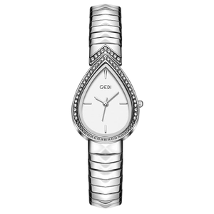 Silver waterdrop quartz watch for women with sparkling rhinestones and metal band