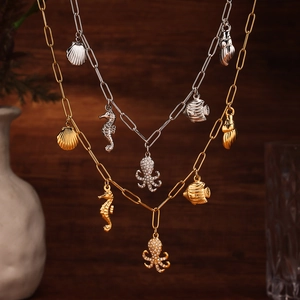 Marine series necklace with octopus shell pendants in gold and silver stainless steel