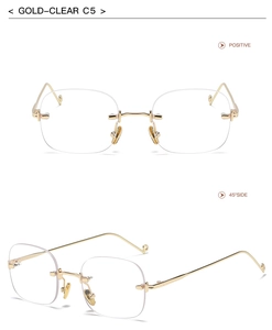 Detail of square rimless sunglasses with gold temples and clear lenses from two angles