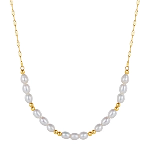 Elegant S925 sterling silver freshwater pearl necklace with gold beads on white background