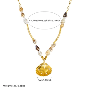 Gold stainless steel shell necklace with natural seashell charms and pearl pendant details
