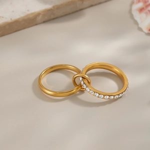 Interlocking Double Layer Ring Stainless Steel 18K Gold Plated Cubic Zirconia Pavé Geometric Minimalist Finger Jewelry