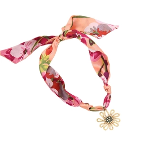 Elegant floral silk scarf necklace with a gold-tone daisy pendant for women's jewelry.