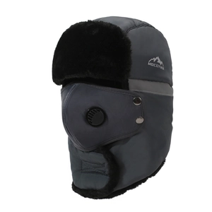 Gorro de aviador gris oscuro para invierno con forro de piel sintética y máscara integrada