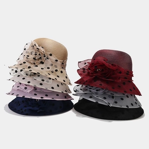 Elegant women's organza floral straw sun hats in six colors with mesh dots and wide brim