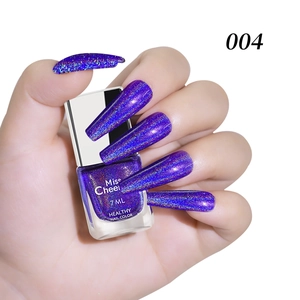 Close-up of Miss Cheer 7ml holographic nail polish in purple laser glitter finish