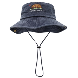 Washed navy bucket hat with California bear embroidery and adjustable chin strap