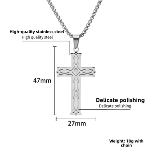Detailed view of stainless steel Celtic cross pendant with 47mm height and 27mm width
