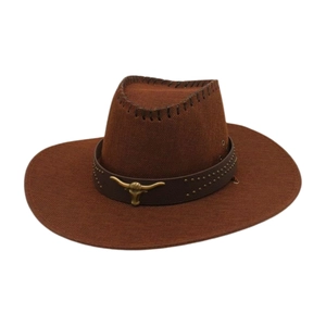 Brauner Western Cowboyhut mit breiter Krempe und goldenem Stierkopf-Emblem am Lederband