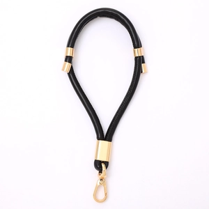 Adjustable black leather keychain strap with golden lobster clasp and metal ring