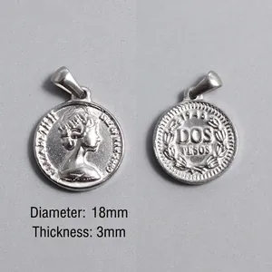 Detail view of 18mm Roman coin pendant with embossed queen portrait and thickness scale