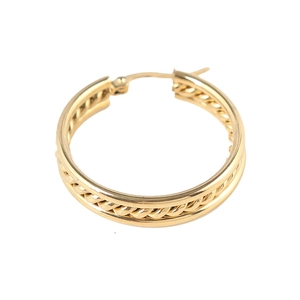 Elegant gold hoop earrings with textured twist design and polished edges in minimalist style