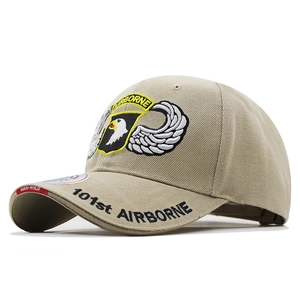 Khaki tactical baseball cap featuring 101st Airborne eagle shield embroidery details
