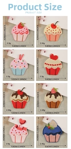 Detailed size chart for cartoon cake embroidered patches showing heights and widths in CM