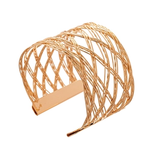 Minimalist gold woven mesh cuff bracelet with open design and polished wide ends