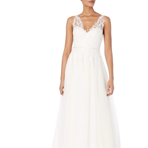 Polyester Lace Tulle Wedding Dress Sleeveless Deep V Neck Backless A Line Long Train Floral Embroidery Bridal Gown